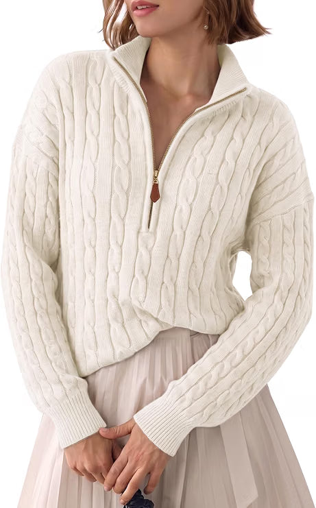 Womens Sweaters Quarter Zip Ribbed Cable Knit Pullover