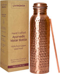 LIVINGNISH 100% Pure Copper Water Bottle – 34 oz Hammered Design with Copper Straw