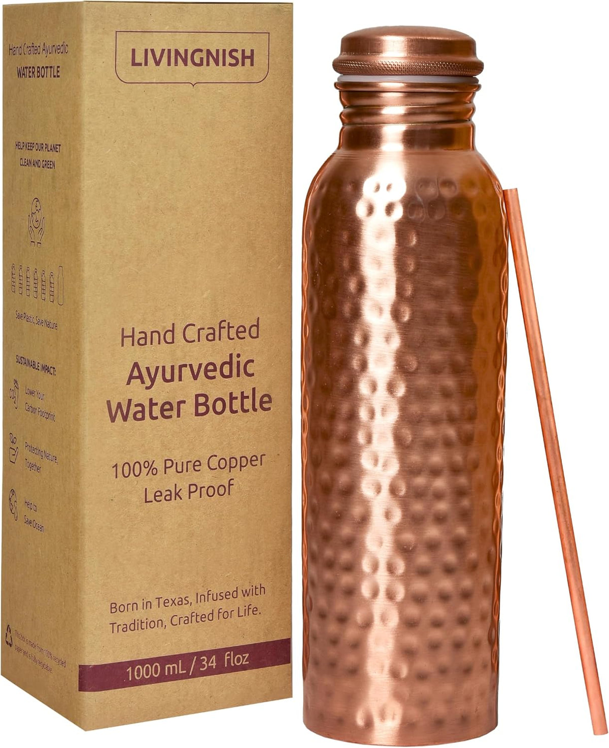 LIVINGNISH 100% Pure Copper Water Bottle – 34 oz Hammered Design with Copper Straw