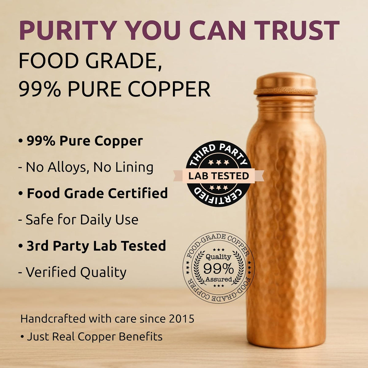 LIVINGNISH 100% Pure Copper Water Bottle – 34 oz Hammered Design with Copper Straw