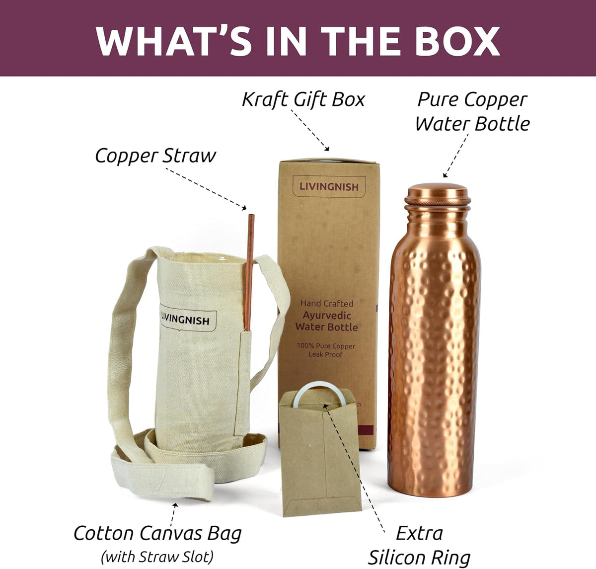 LIVINGNISH 100% Pure Copper Water Bottle – 34 oz Hammered Design with Copper Straw