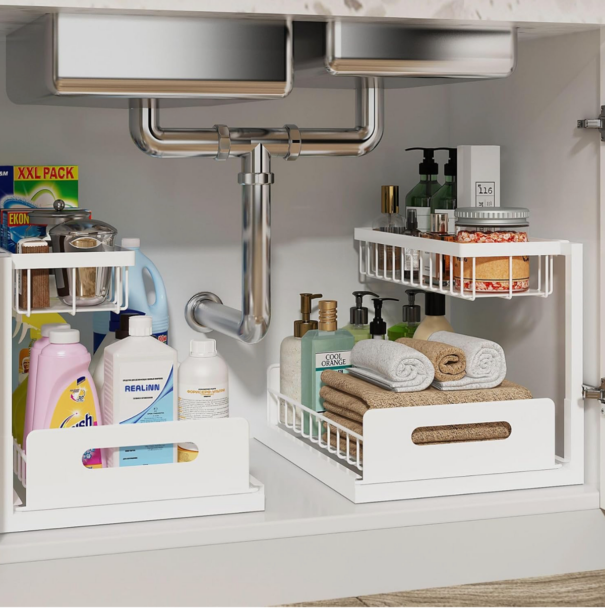REALINN Under Sink Organizer, L-Shaped 2 Tier Pull Out Cabinet Organizer